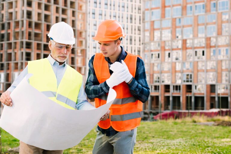 Construction professionals in protective equipment on a job site